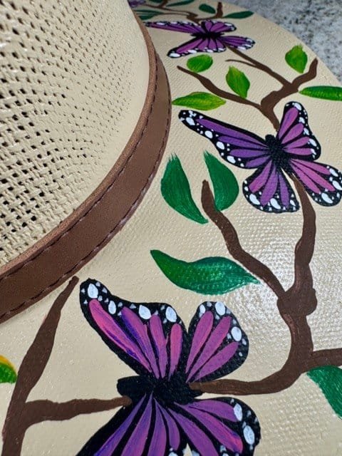 Butterflies Hand-Painted Palm Straw Fedora Hat Size L - Image 5