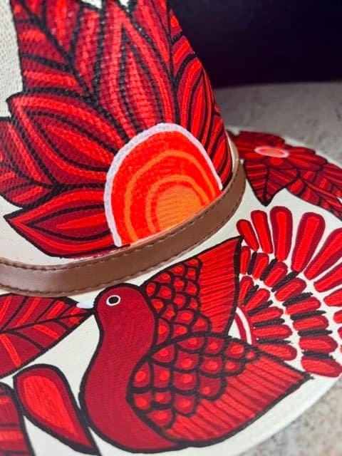Floral Hand-Painted In Red Palm Straw Fedora Hat Size M - Image 5