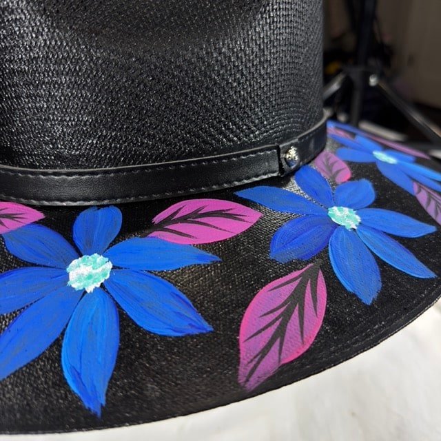 Custom Hand Painted Fedora Hat Black And Blue Painted In Detail Unisex Size M - Image 4