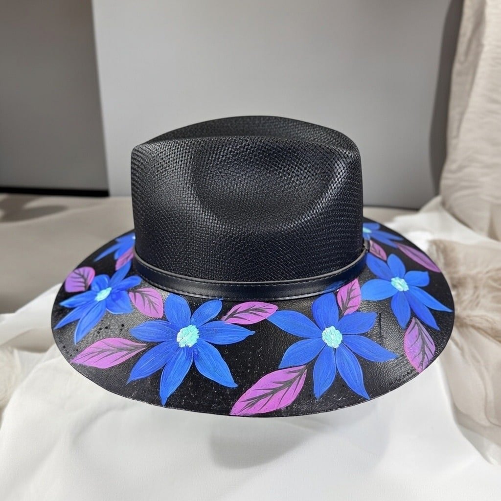 Custom Hand Painted Fedora Hat Black And Blue Painted In Detail Unisex Size M - Image 7