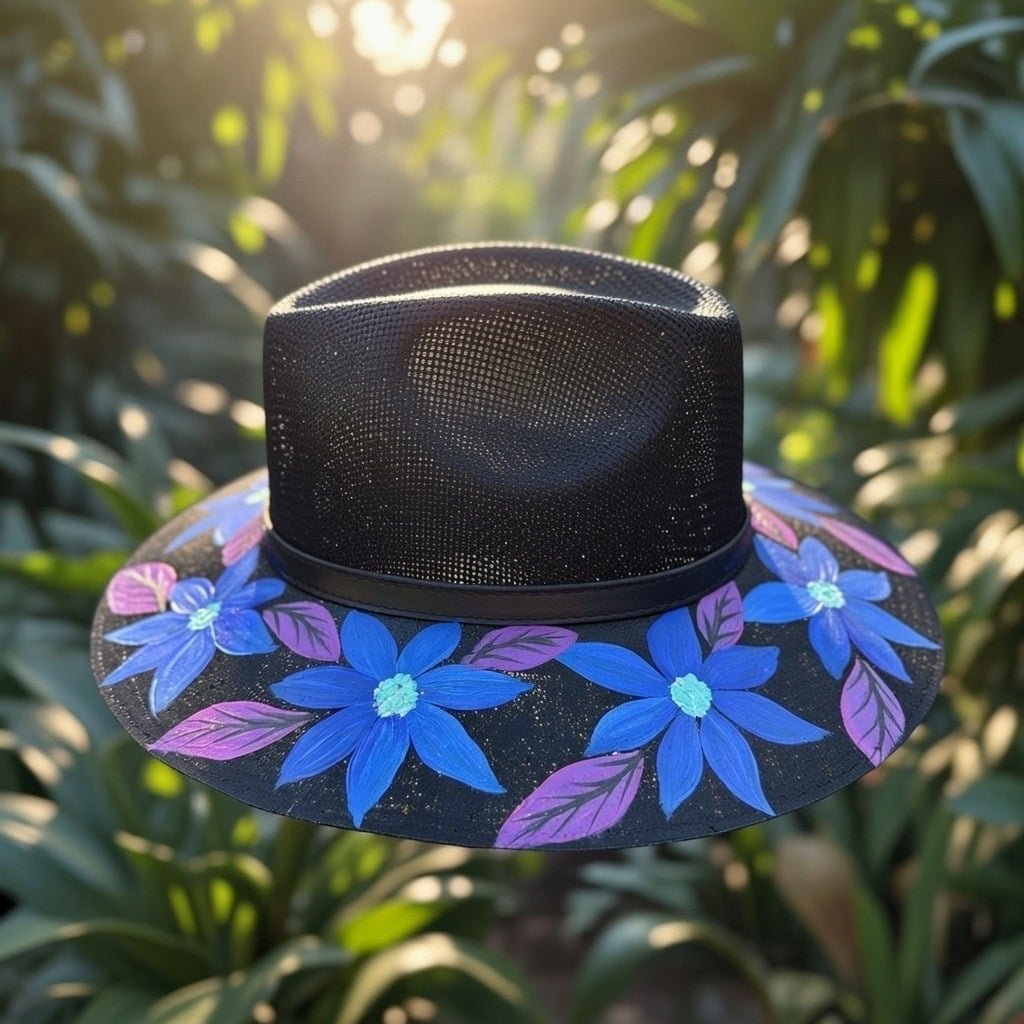 Custom Hand Painted Fedora Hat Black And Blue Painted In Detail Unisex Size M - Image 5