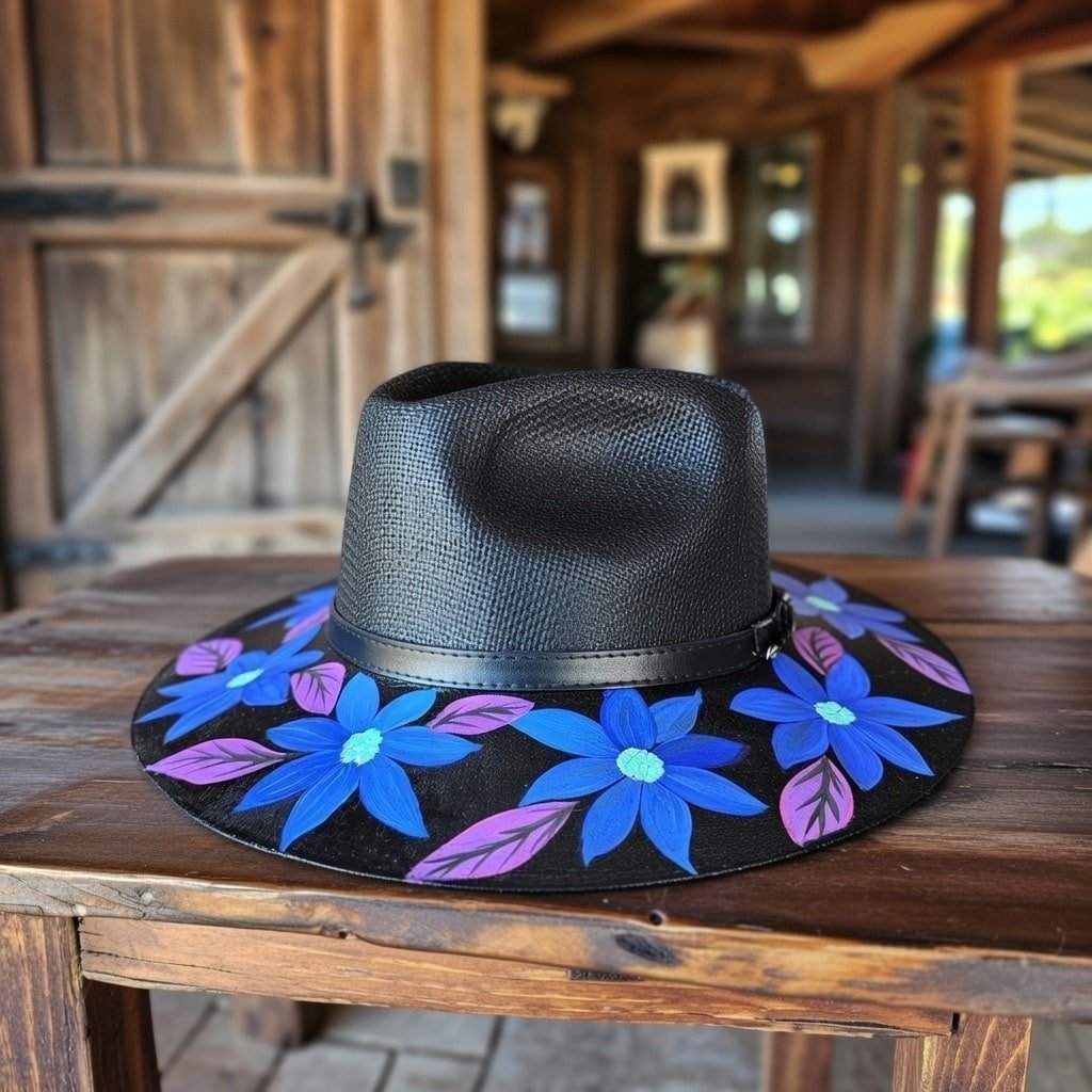 Custom Hand Painted Fedora Hat Black And Blue Painted In Detail Unisex Size M - Image 6