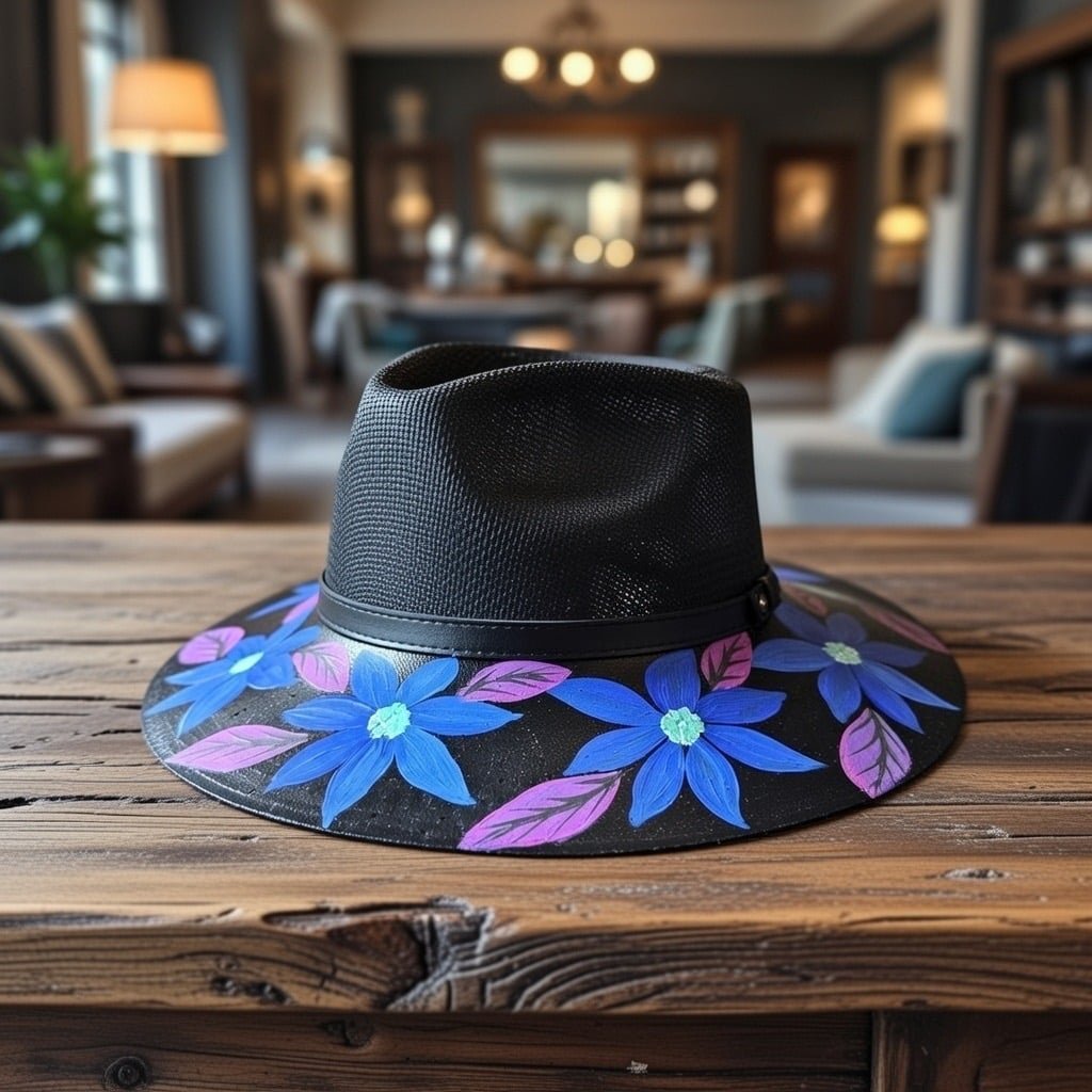 Custom Hand Painted Fedora Hat Black And Blue Painted In Detail Unisex Size M - Image 3