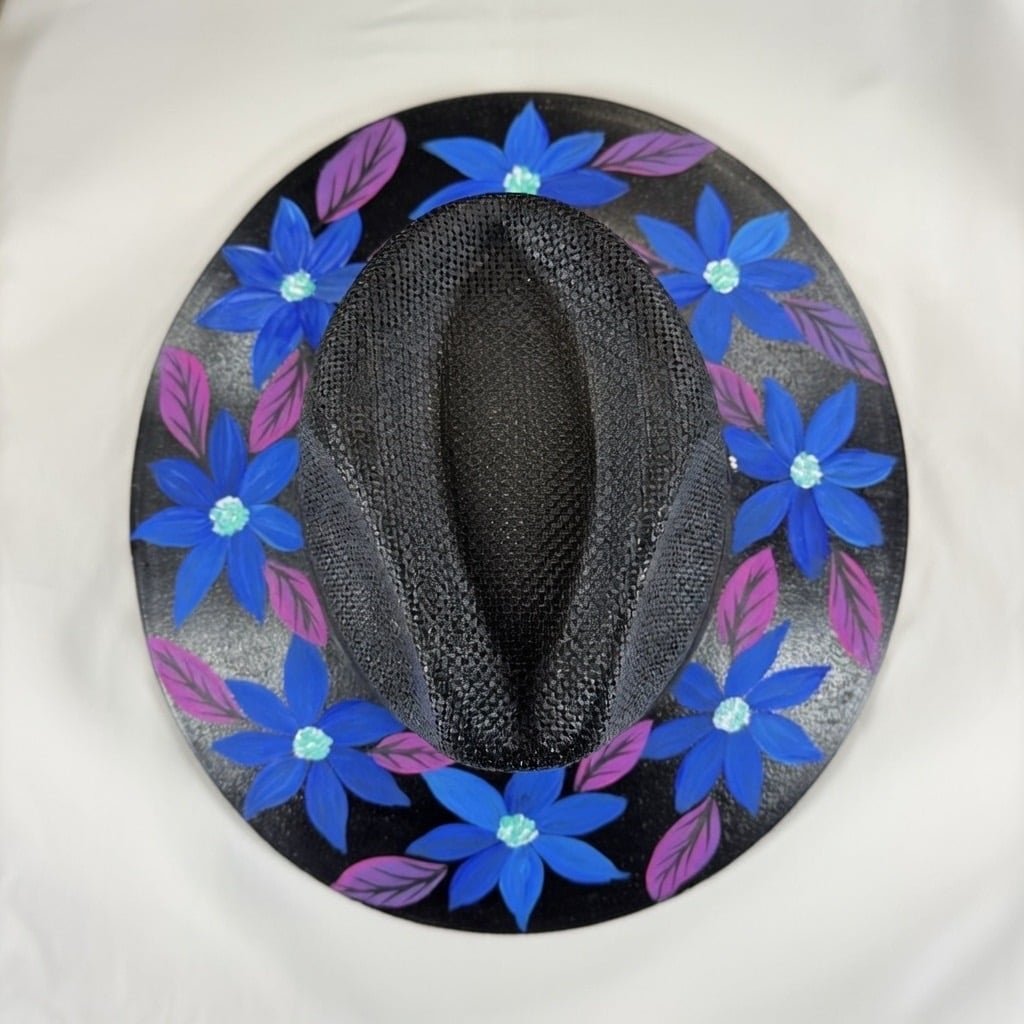 Custom Hand Painted Fedora Hat Black And Blue Painted In Detail Unisex Size M - Image 2