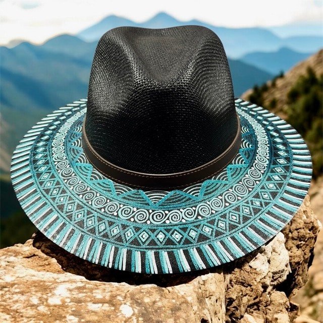 Custom Hand-Painted Fedora Hat Black And Blue Painted In Detail Unisex Size L - Image 2