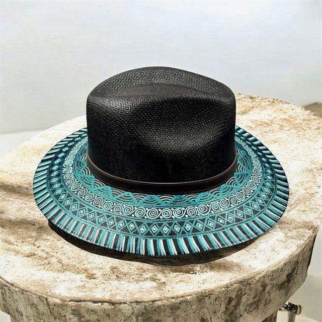 Custom Hand-Painted Fedora Hat Black And Blue Painted In Detail Unisex Size L - Image 3