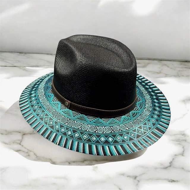 Custom Hand-Painted Fedora Hat Black And Blue Painted In Detail Unisex Size L - Image 4