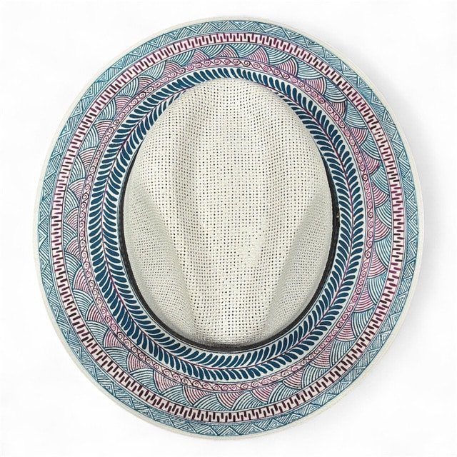 Custom Hand-Painted Fedora Hat White And Blue Painted In Detail Unisex Size L - Image 5