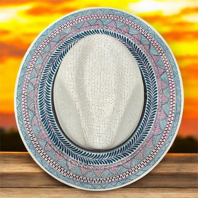Custom Hand-Painted Fedora Hat White And Blue Painted In Detail Unisex Size L