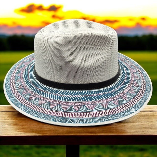Custom Hand-Painted Fedora Hat White And Blue Painted In Detail Unisex Size L - Image 2