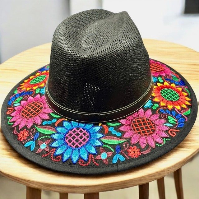 Fedora Hat Hand-Embroidered Palm Straw Hat Size M - Image 5