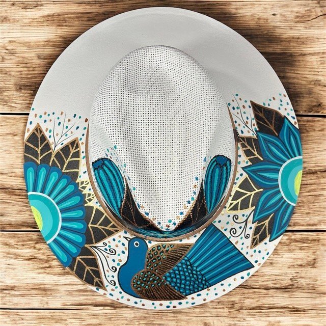 Floral Hand-Painted Palm Straw Fedora Hat Size L