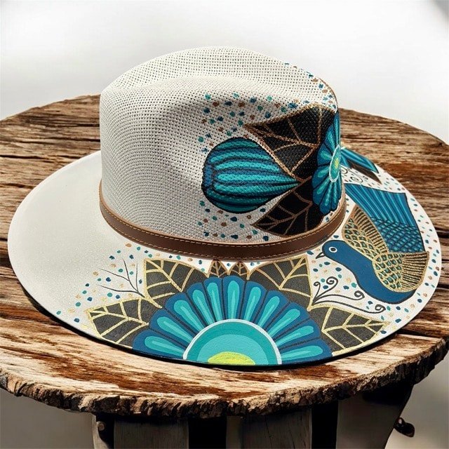 Floral Hand-Painted Palm Straw Fedora Hat Size L - Image 5