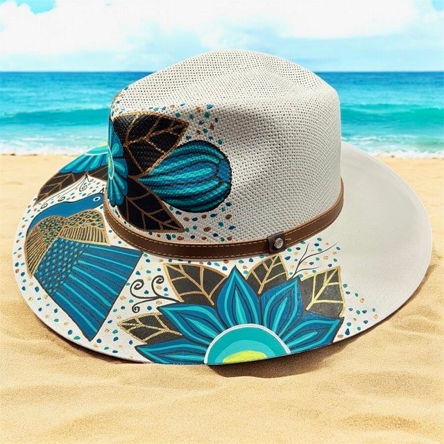 Floral Hand-Painted Palm Straw Fedora Hat Size L - Image 2
