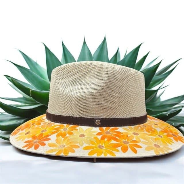 Floral Hand-Painted Palm Straw Fedora Hat Size Medium - Image 3