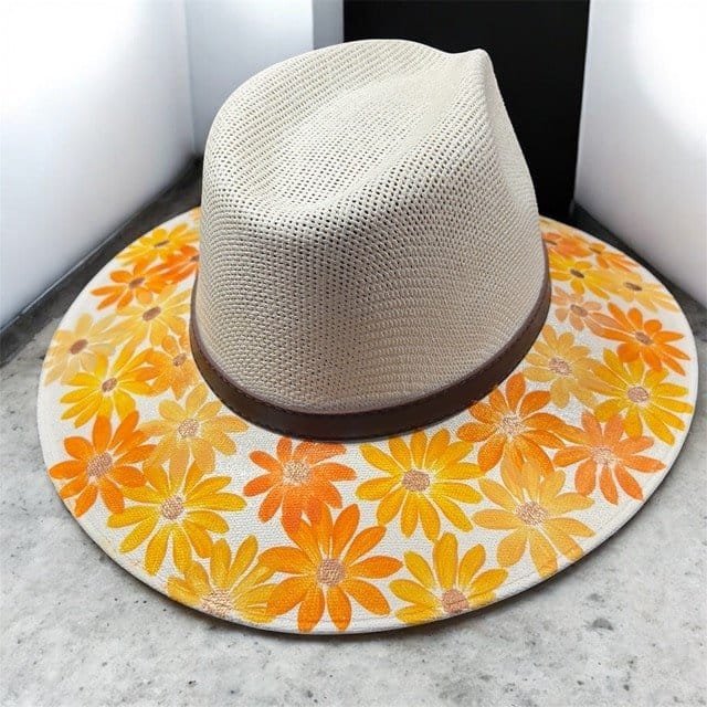 Floral Hand-Painted Palm Straw Fedora Hat Size Medium - Image 2