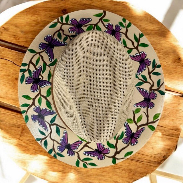 Butterflies Hand-Painted Palm Straw Fedora Hat Size L - Image 3