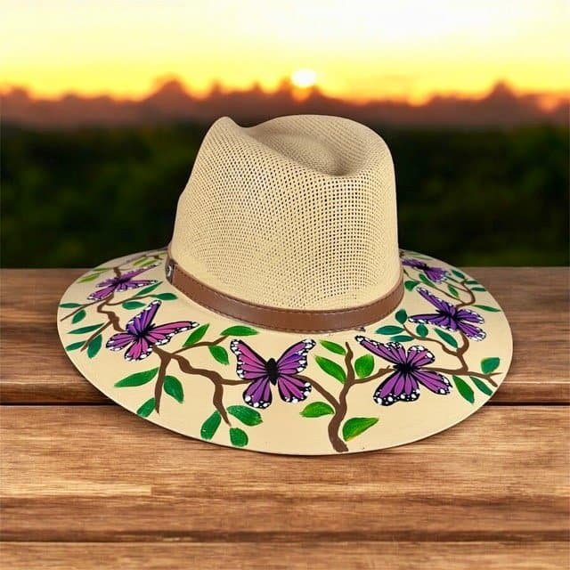 Butterflies Hand-Painted Palm Straw Fedora Hat Size L - Image 2