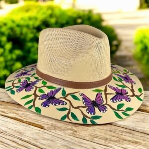 Butterflies Hand-Painted Palm Straw Fedora Hat Size L