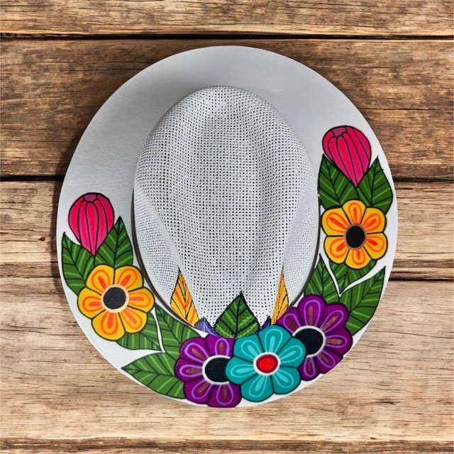 Floral Hand-Painted Palm Straw Multicolor Fedora Hat Size L