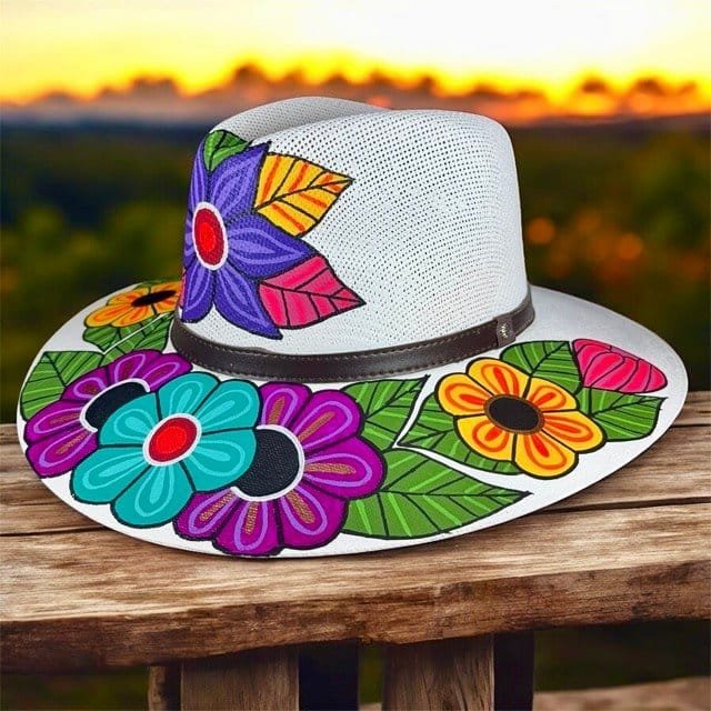 Floral Hand-Painted Palm Straw Multicolor Fedora Hat Size L - Image 2