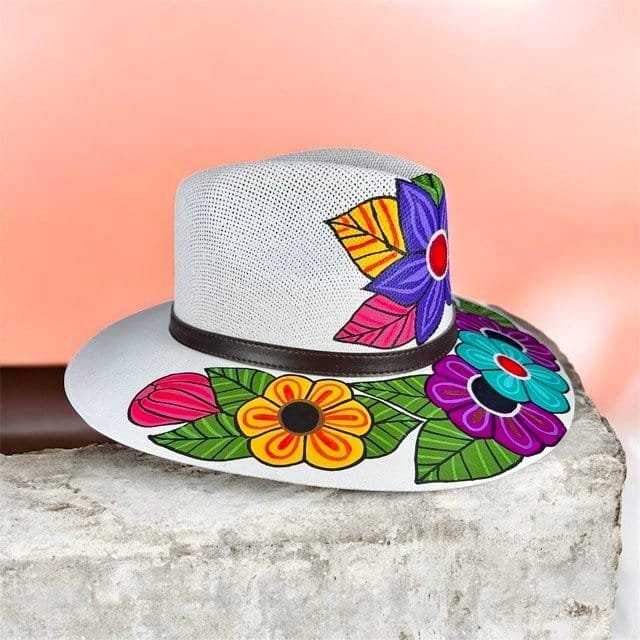 Floral Hand-Painted Palm Straw Multicolor Fedora Hat Size L - Image 3