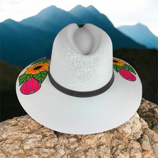 Floral Hand-Painted Palm Straw Multicolor Fedora Hat Size L - Image 5