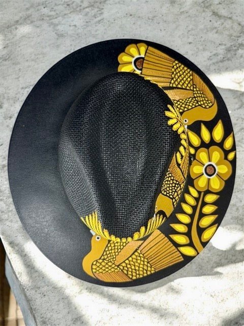 Floral And Birds Hand-Painted Palm Straw Fedora Hat Size XL - Image 2