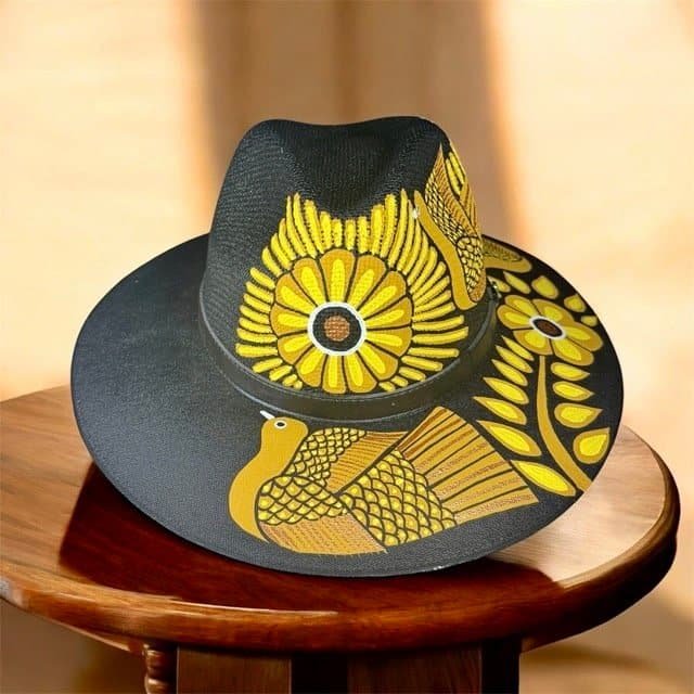 Floral And Birds Hand-Painted Palm Straw Fedora Hat Size XL - Image 3