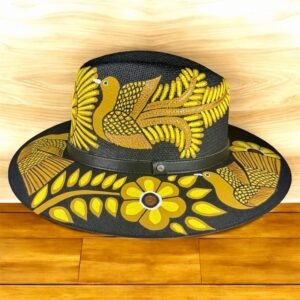 Floral And Birds Hand-Painted Palm Straw Fedora Hat Size XL