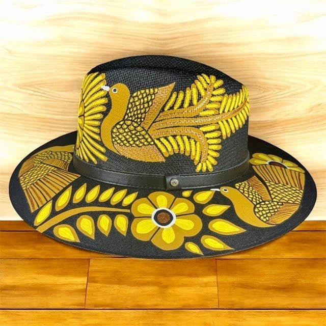 Floral And Birds Hand-Painted Palm Straw Fedora Hat Size XL