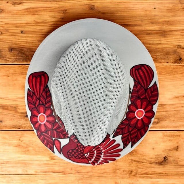 Floral Hand-Painted In Red Palm Straw Fedora Hat Size M - Image 4