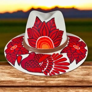 Floral Hand-Painted In Red Palm Straw Fedora Hat Size M