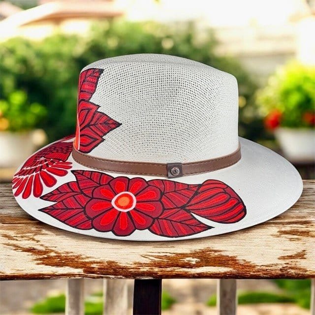 Floral Hand-Painted In Red Palm Straw Fedora Hat Size M - Image 3