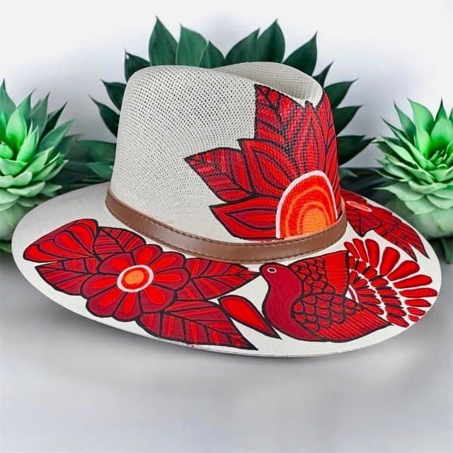 Floral Hand-Painted In Red Palm Straw Fedora Hat Size M - Image 2