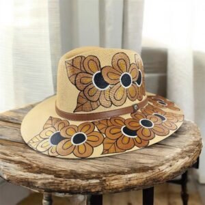 Floral And Birds Hand-Painted Palm Straw Fedora Hat Size XL