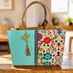 Handcrafted Mexican Tote Bag–Embossed Leather & Floral Jute