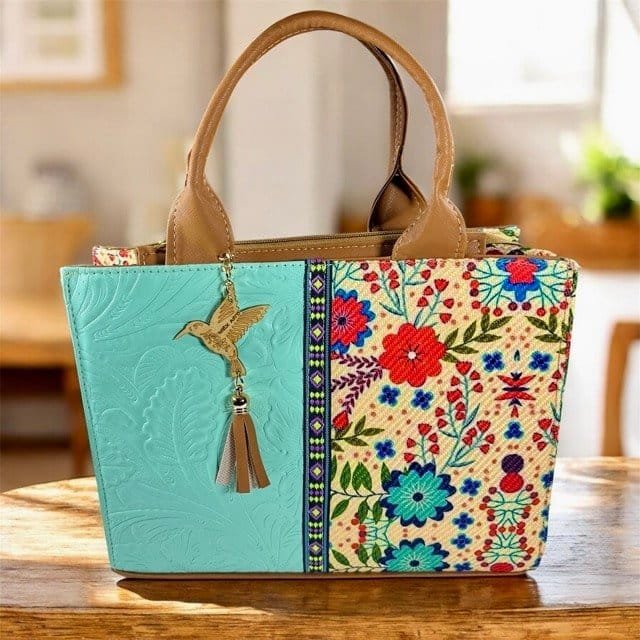 Handcrafted Mexican Tote Bag–Embossed Leather & Floral Jute