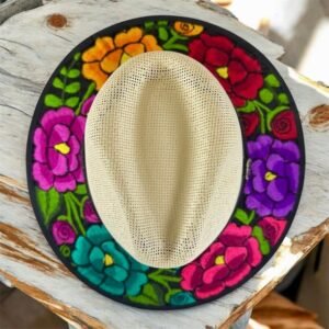 Floral Fedora Hat Hand-Embroidered Palm Straw Hat Size M