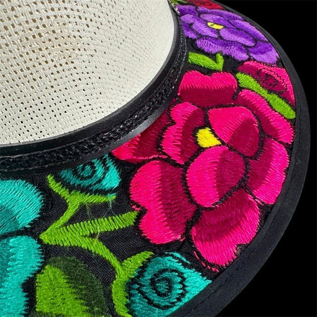 Floral Fedora Hat Hand-Embroidered Palm Straw Hat Size M - Image 6