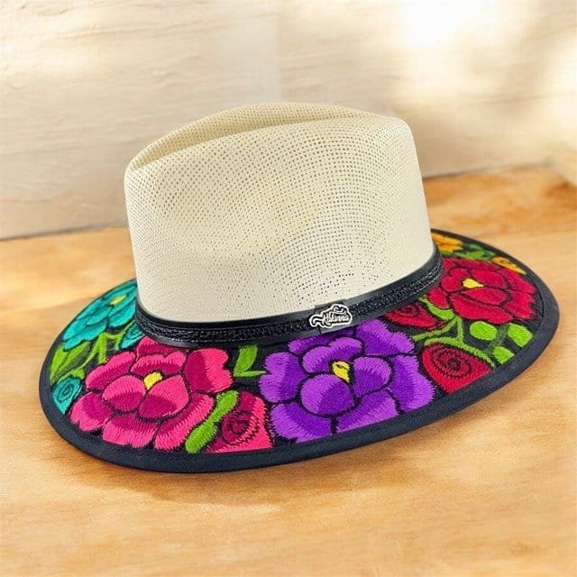 Floral Fedora Hat Hand-Embroidered Palm Straw Hat Size M - Image 2