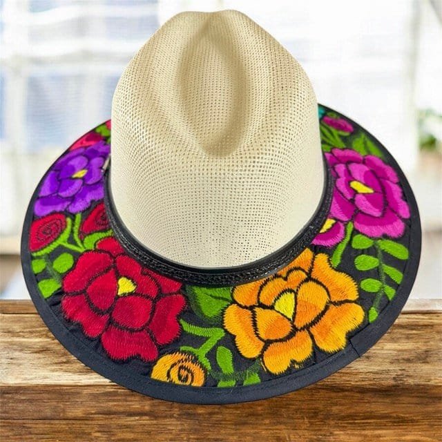 Floral Fedora Hat Hand-Embroidered Palm Straw Hat Size M - Image 4
