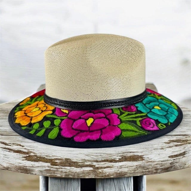 Floral Fedora Hat Hand-Embroidered Palm Straw Hat Size M - Image 7