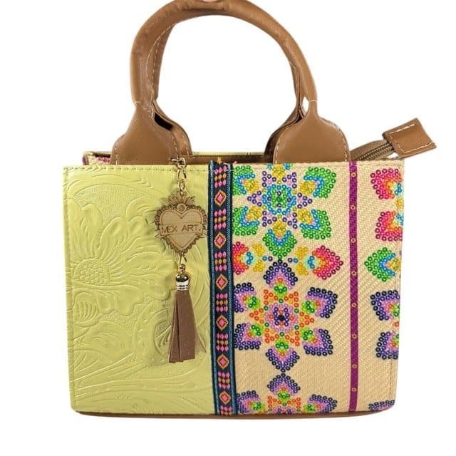 Handcrafted Mexican Tote Bag – Embossed Leather & Floral Jute Small - Image 4