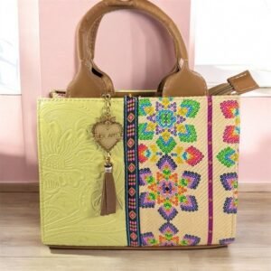 Handcrafted Mexican Tote Bag – Embossed Leather & Floral Jute Small