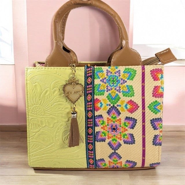 Handcrafted Mexican Tote Bag – Embossed Leather & Floral Jute Small