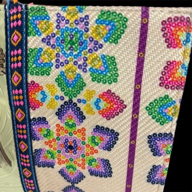 Handcrafted Mexican Tote Bag – Embossed Leather & Floral Jute Small - Image 3