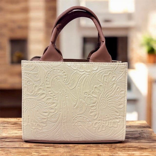 Handcrafted Mexican Tote Bag – Embossed Leather & Floral Jute Small - Image 7