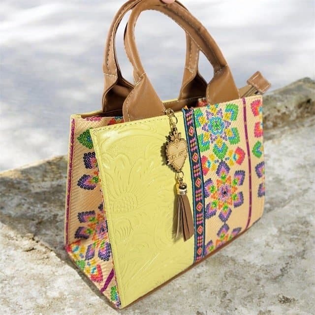 Handcrafted Mexican Tote Bag – Embossed Leather & Floral Jute Small - Image 5