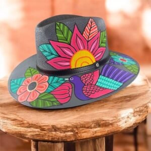 Floral Hand-Painted Palm Straw Multicolor Grey Fedora Hat Size L